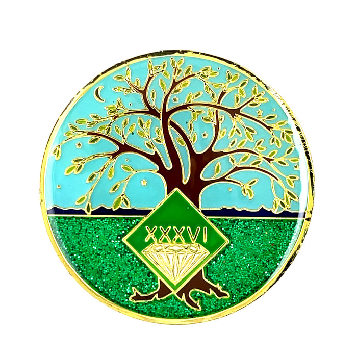 36 Year Tree of Life Specialty Tri-Plated NA Recovery Medallion - Thirty Six Year Chip/Coin - Green/Blue