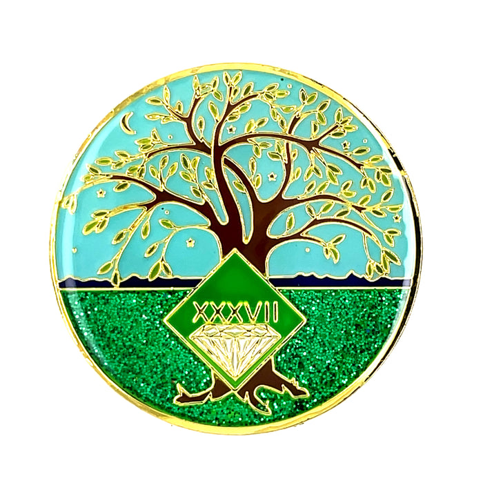 37 Year Tree of Life Specialty Tri-Plated NA Recovery Medallion - Thirty Seven Year Chip/Coin - Green/Blue