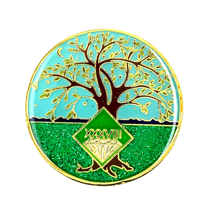 38 Year Tree of Life Specialty Tri-Plated NA Recovery Medallion - Thirty Eight Year Chip/Coin - Green/Blue