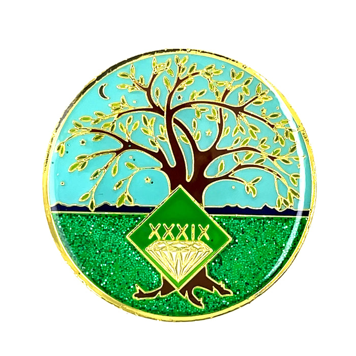 39 Year Tree of Life Specialty Tri-Plated NA Recovery Medallion - Thirty Nine Year Chip/Coin - Green/Blue