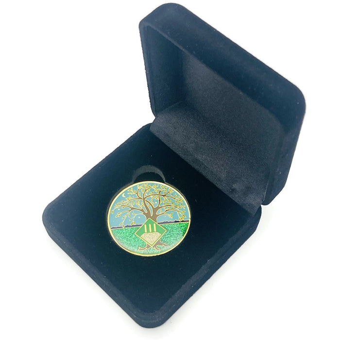 3 Year Tree of Life Specialty Tri-Plated NA Recovery Medallion - Three Year Chip/Coin - Green/Blue + Velvet Case