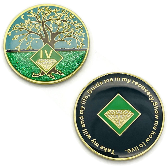 4 Year Tree of Life Specialty Tri-Plated NA Recovery Medallion - Four Year Chip/Coin - Green/Blue