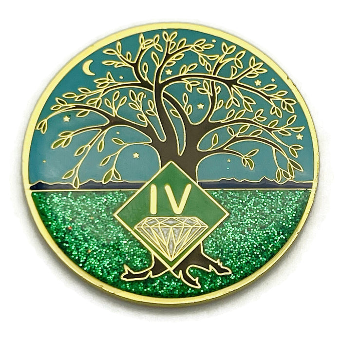 4 Year Tree of Life Specialty Tri-Plated NA Recovery Medallion - Four Year Chip/Coin - Green/Blue + Velvet Case