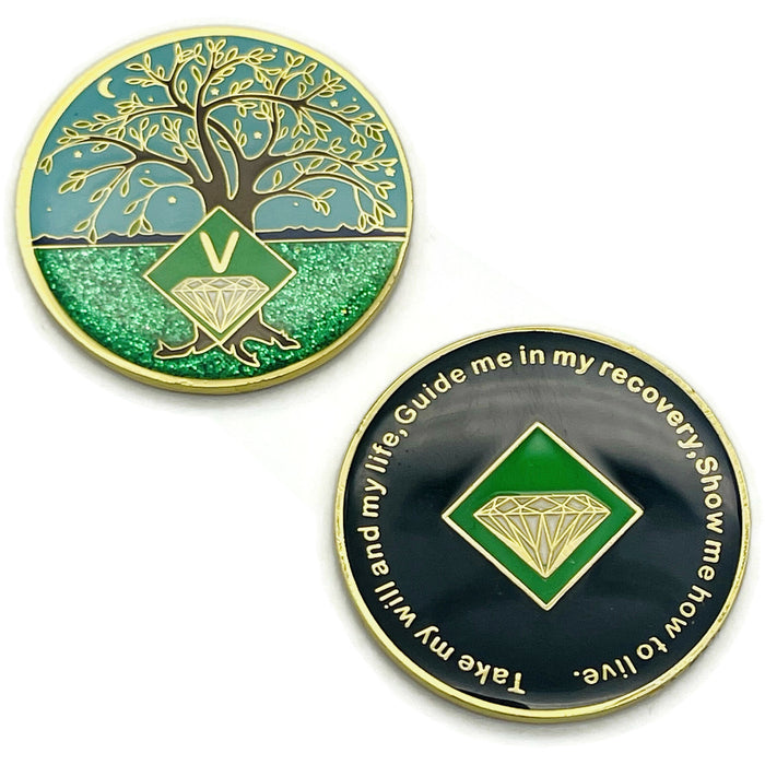 5 Year Tree of Life Specialty Tri-Plated NA Recovery Medallion - Five Year Chip/Coin - Green/Blue + Velvet Case