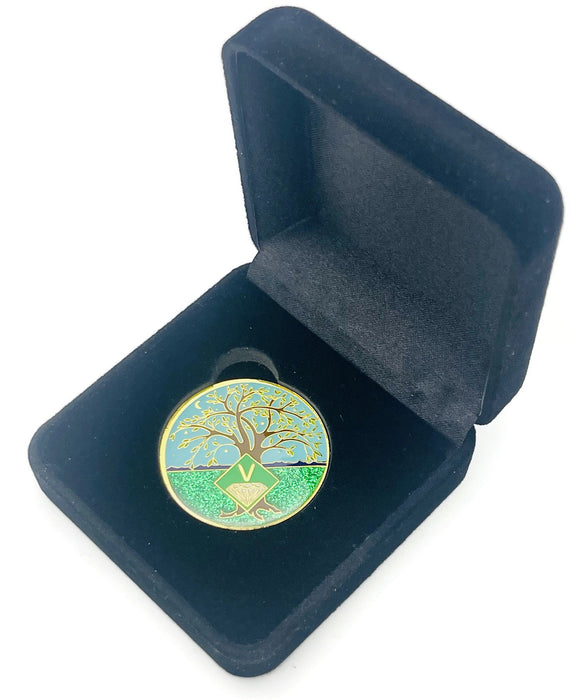 5 Year Tree of Life Specialty Tri-Plated NA Recovery Medallion - Five Year Chip/Coin - Green/Blue + Velvet Case