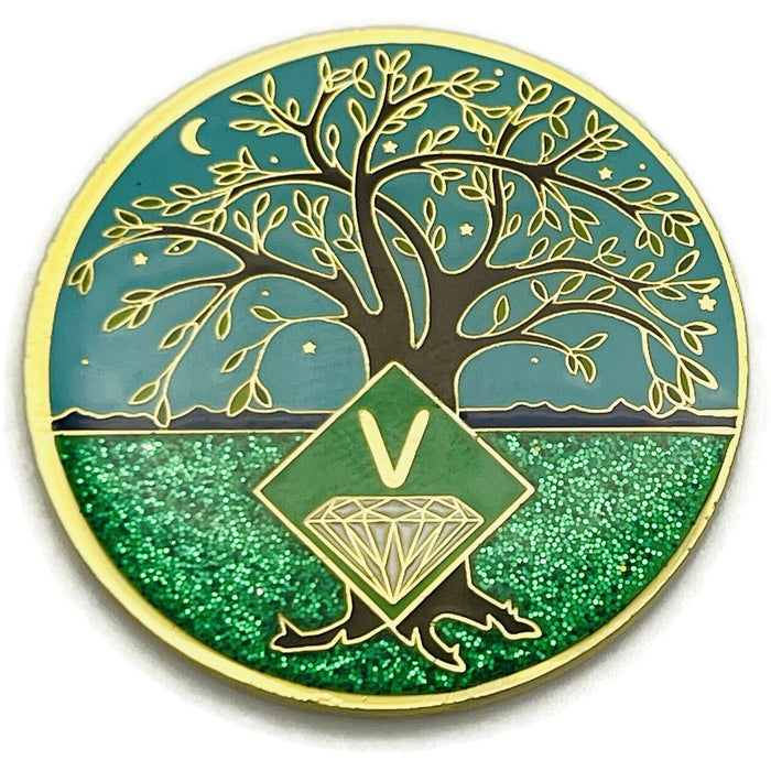 5 Year Tree of Life Specialty Tri-Plated NA Recovery Medallion - Five Year Chip/Coin - Green/Blue + Velvet Case