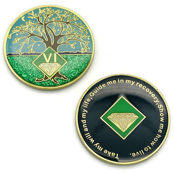 6 Year Tree of Life Specialty Tri-Plated NA Recovery Medallion - Six Year Chip/Coin - Green/Blue + Velvet Case