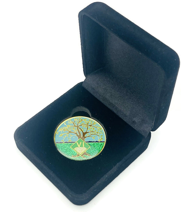 6 Year Tree of Life Specialty Tri-Plated NA Recovery Medallion - Six Year Chip/Coin - Green/Blue + Velvet Case