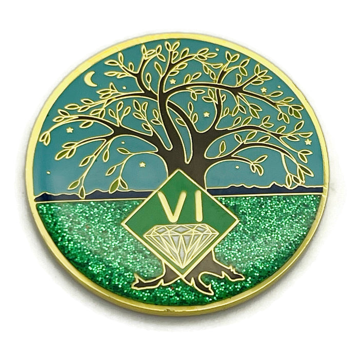 6 Year Tree of Life Specialty Tri-Plated NA Recovery Medallion - Six Year Chip/Coin - Green/Blue
