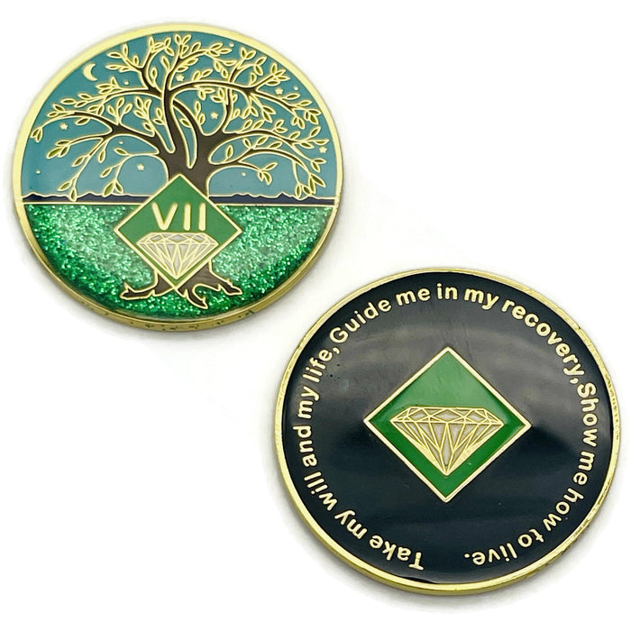 7 Year Tree of Life Specialty Tri-Plated NA Recovery Medallion - Seven Year Chip/Coin - Green/Blue