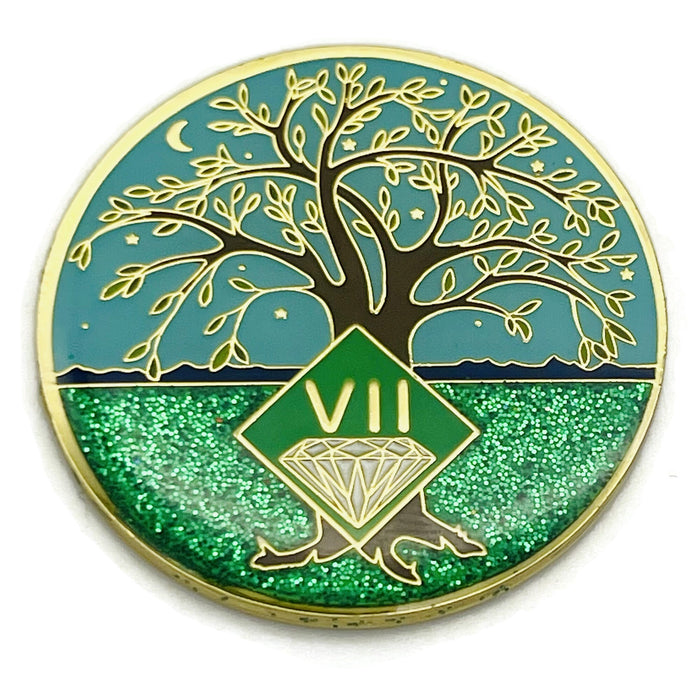 7 Year Tree of Life Specialty Tri-Plated NA Recovery Medallion - Seven Year Chip/Coin - Green/Blue + Velvet Case