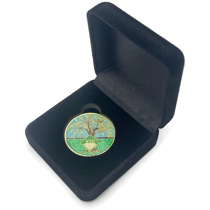 8 Year Tree of Life Specialty Tri-Plated NA Recovery Medallion - Eight Year Chip/Coin - Green/Blue + Velvet Case