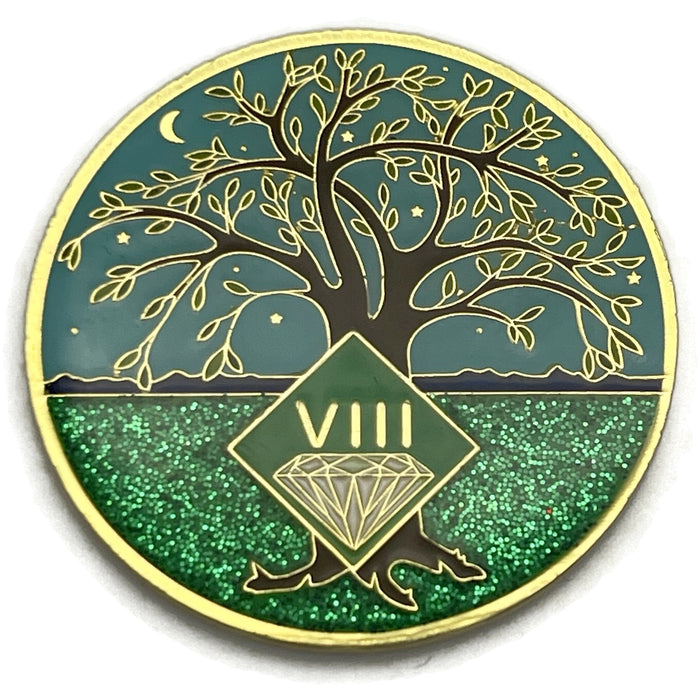 8 Year Tree of Life Specialty Tri-Plated NA Recovery Medallion - Eight Year Chip/Coin - Green/Blue
