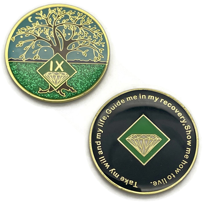 9 Year Tree of Life Specialty Tri-Plated NA Recovery Medallion - Nine Year Chip/Coin - Green/Blue + Velvet Case