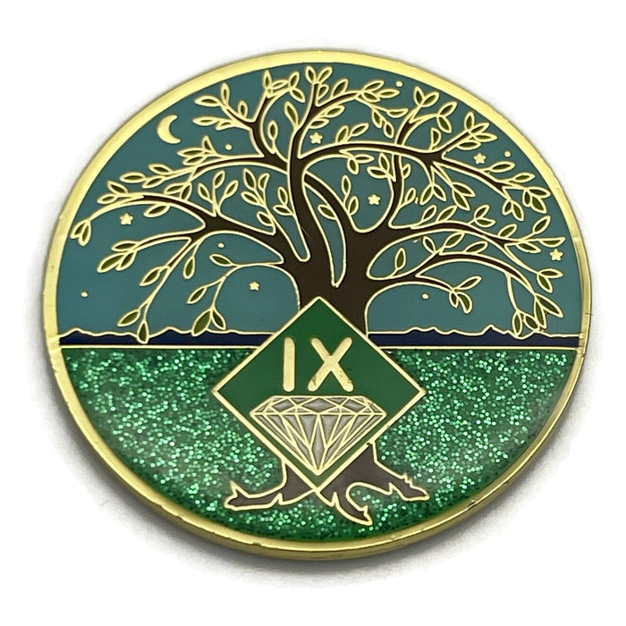 9 Year Tree of Life Specialty Tri-Plated NA Recovery Medallion - Nine Year Chip/Coin - Green/Blue