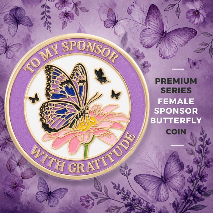 Sobriety Mint Butterfly Women's Sponsor AA/NA Recovery Medallion - Purple/White/Gold with Velvet Box