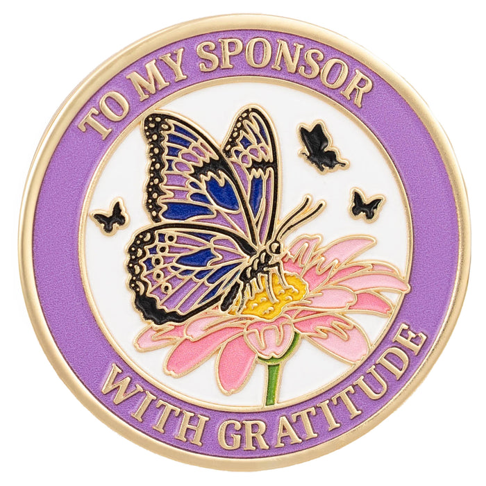 Sobriety Mint Butterfly Women's Sponsor AA/NA Recovery Medallion - Purple/White/Gold with Velvet Box