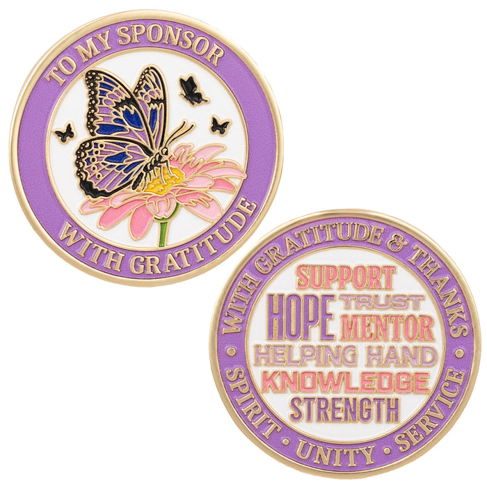 Sobriety Mint Butterfly Women's Sponsor AA/NA Recovery Medallion - Purple/White/Gold with Velvet Box