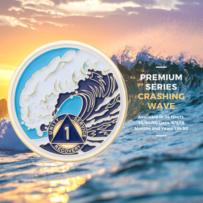16 Year Sobriety Mint Crashing Wave Gold Plated AA Recovery Medallion - Sixteen Year Chip/Coin - Blue/White + Velvet Box