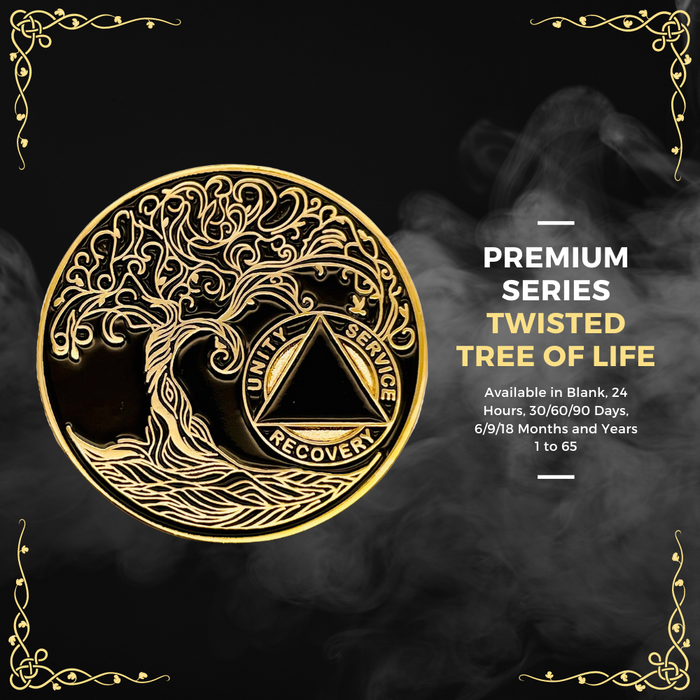 1 to 65 Year Sobriety Mint Twisted Tree of Life Gold Plated AA Recovery Medallion/Chip/Coin - Black