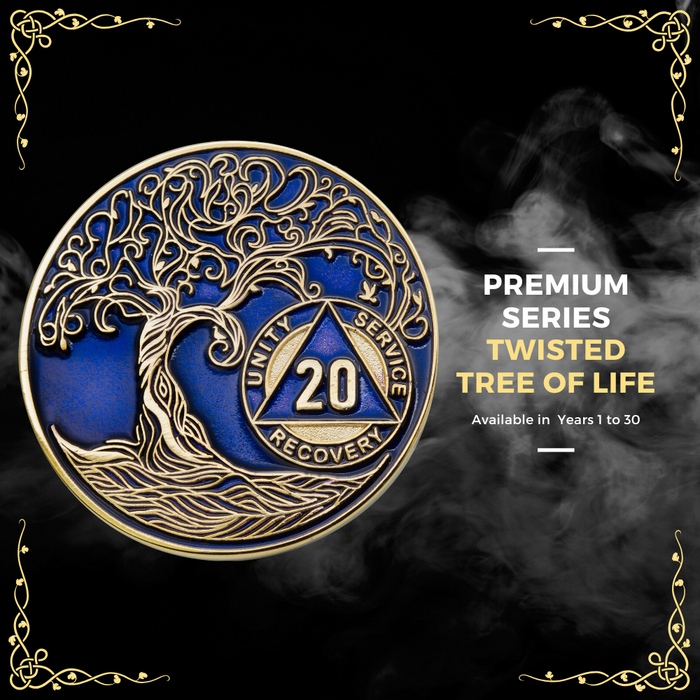 50 Year Sobriety Mint Twisted Tree of Life Gold Plated AA Recovery Medallion - Fifty Year Chip/Coin - Blue