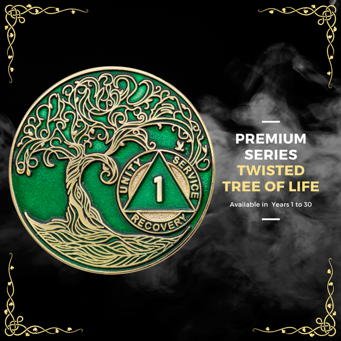 13 Year Sobriety Mint Twisted Tree of Life Gold Plated AA Recovery Medallion - Thirteen Year Chip/Coin - Green