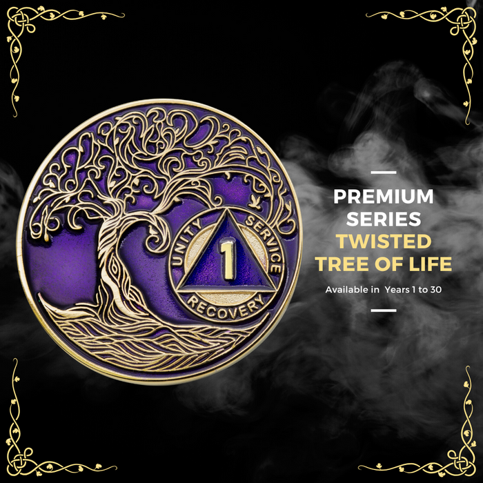 6 Year Sobriety Mint Twisted Tree of Life Gold Plated AA Recovery Medallion/Chip/Coin - Purple + Velvet Box