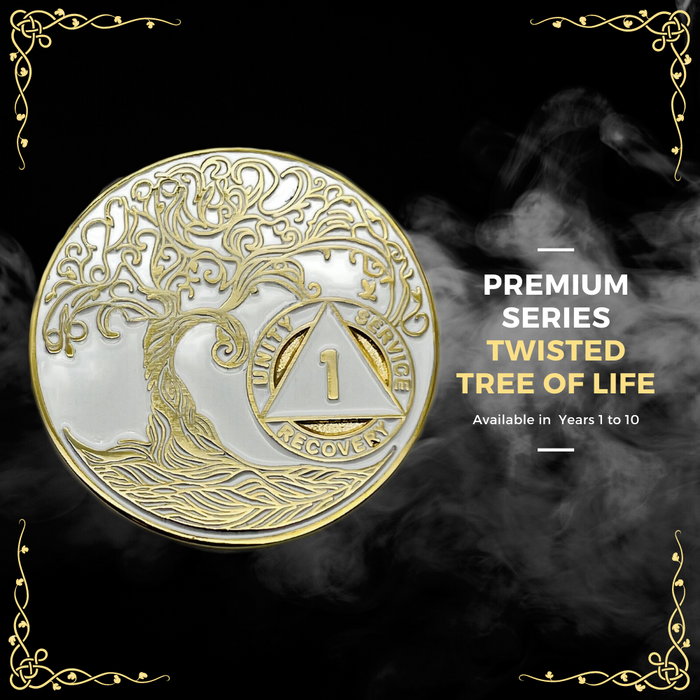 38 Year Sobriety Mint Twisted Tree of Life Gold Plated AA Recovery Medallion - Thirty-Eight Year Chip/Coin - White