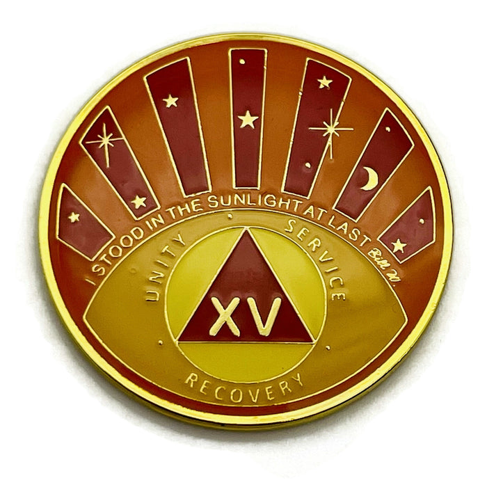 Stood in the Sunlight 15 Year Specialty AA Recovery Medallion - Tri-Plated Fifteen Year Chip/Coin + Velvet Case