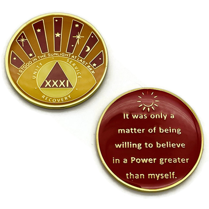 Stood in the Sunlight 31 Year Specialty AA Recovery Medallion - Tri-Plated Thirty-One Year Chip/Coin + Velvet Case