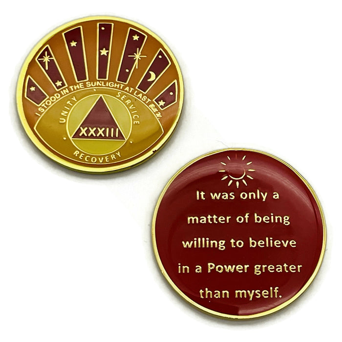 Stood in the Sunlight 33 Year Specialty AA Recovery Medallion - Tri-Plated Thirty-Three Year Chip/Coin + Velvet Case