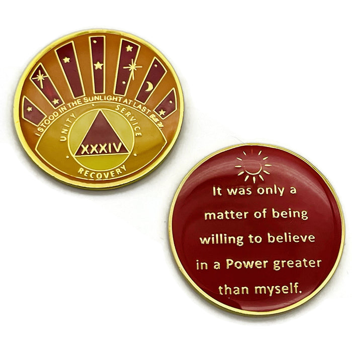 Stood in the Sunlight 34 Year Specialty AA Recovery Medallion - Tri-Plated Thirty-Four Year Chip/Coin + Velvet Case