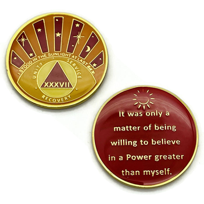 Stood in the Sunlight 37 Year Specialty AA Recovery Medallion - Tri-Plated Thirty-Seven Year Chip/Coin + Velvet Case