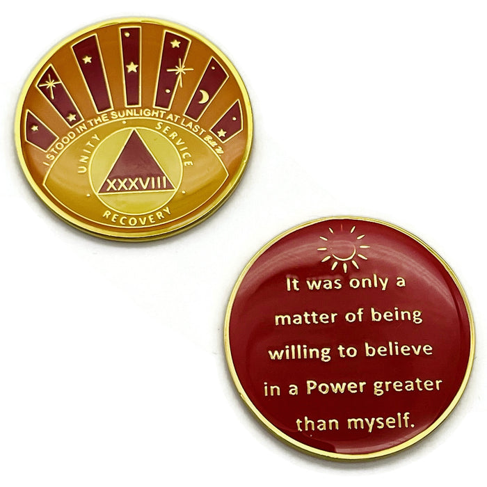 Stood in the Sunlight 38 Year Specialty AA Recovery Medallion - Tri-Plated Thirty-Eight Year Chip/Coin + Velvet Case