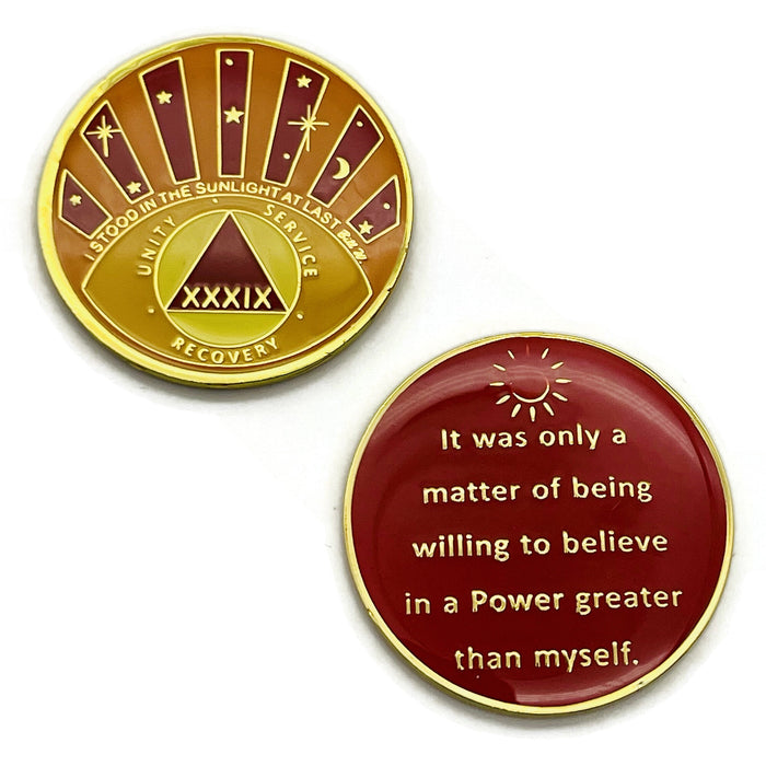 Stood in the Sunlight 39 Year Specialty AA Recovery Medallion - Tri-Plated Thirty-Nine Year Chip/Coin + Velvet Case