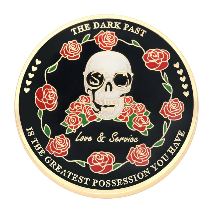 Love & Service Skull with Roses Tri-Plated Specialty AA/NA Affirmation Sobriety Medallion - Black/Gold