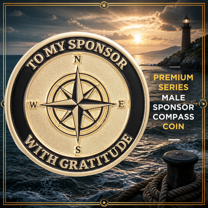 Sobriety Mint Compass Rose Men's Sponsor AA/NA Recovery Medallion - Black/Gold with Velvet Box