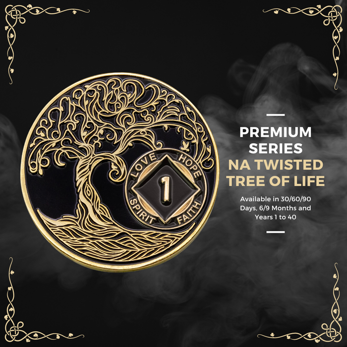 1 to 40 Year Sobriety Mint Twisted Tree of Life Gold Plated NA Recovery Medallion/Chip/Coin - Black + Velvet Box