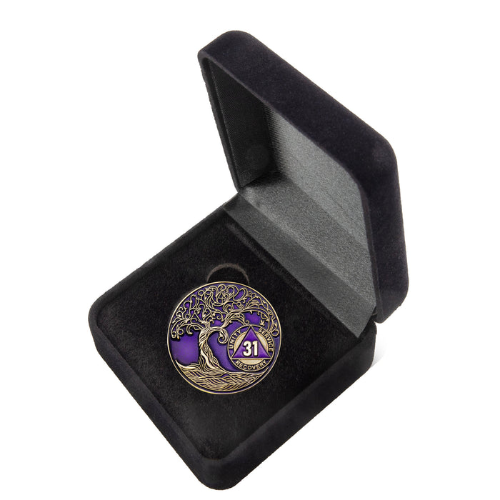 31 Year Sobriety Mint Twisted Tree of Life Gold Plated AA Recovery Medallion/Chip/Coin - Purple + Velvet Box