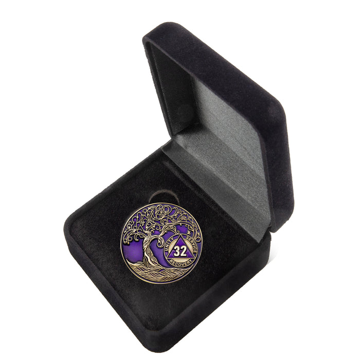 32 Year Sobriety Mint Twisted Tree of Life Gold Plated AA Recovery Medallion/Chip/Coin - Purple + Velvet Box