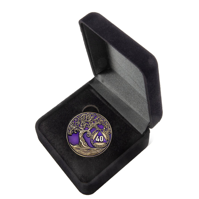 40 Year Sobriety Mint Twisted Tree of Life Gold Plated AA Recovery Medallion/Chip/Coin - Purple + Velvet Box