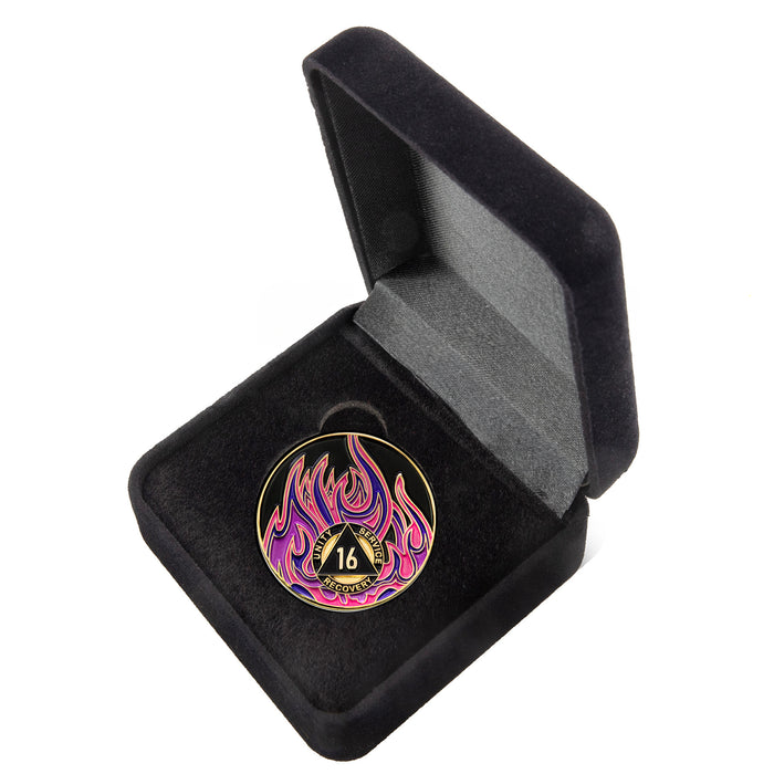 16 Year Sobriety Mint Twisted Flames Gold Plated AA Recovery Medallion - Black/Pink/Purple/Blue + Velvet Case