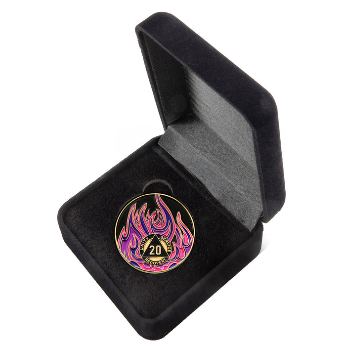 20 Year Sobriety Mint Twisted Flames Gold Plated AA Recovery Medallion - Black/Pink/Purple/Blue + Velvet Case