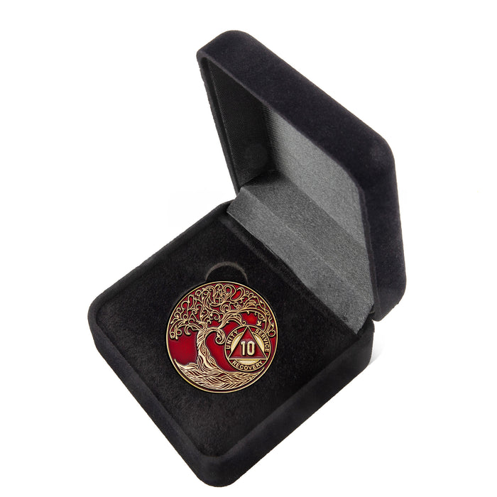 10 Year Sobriety Mint Twisted Tree of Life Gold Plated AA Recovery Medallion - Ten Year Chip/Coin - Red + Velvet Box