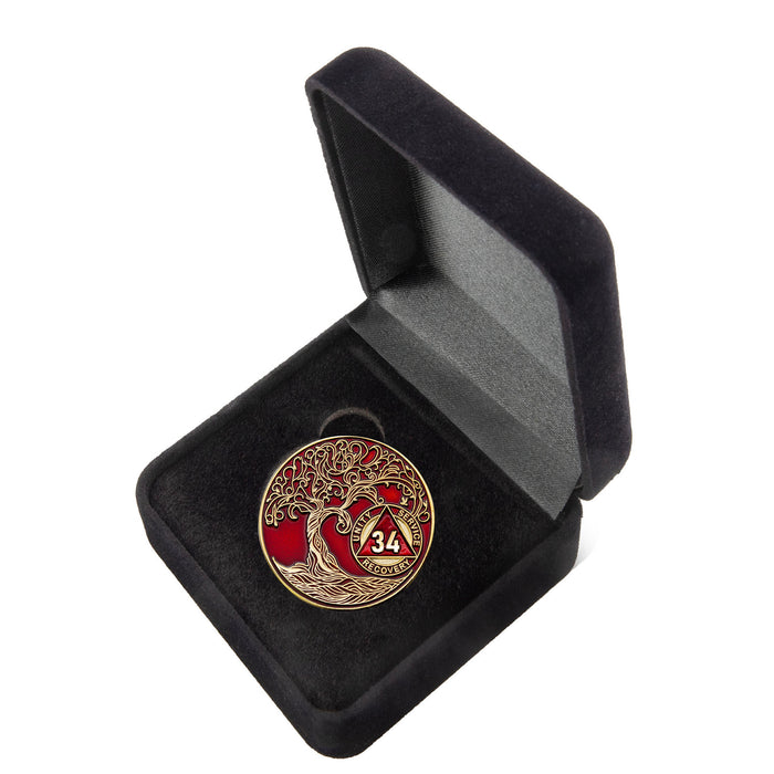 34 Year Sobriety Mint Twisted Tree of Life Gold Plated AA Recovery Medallion - Thirty-Four Year Chip/Coin - Red + Velvet Box