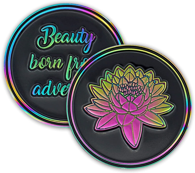 Rainbow Lotus Flower Tri-plated AA Affirmation Recovery Medallion - Black / Aurora
