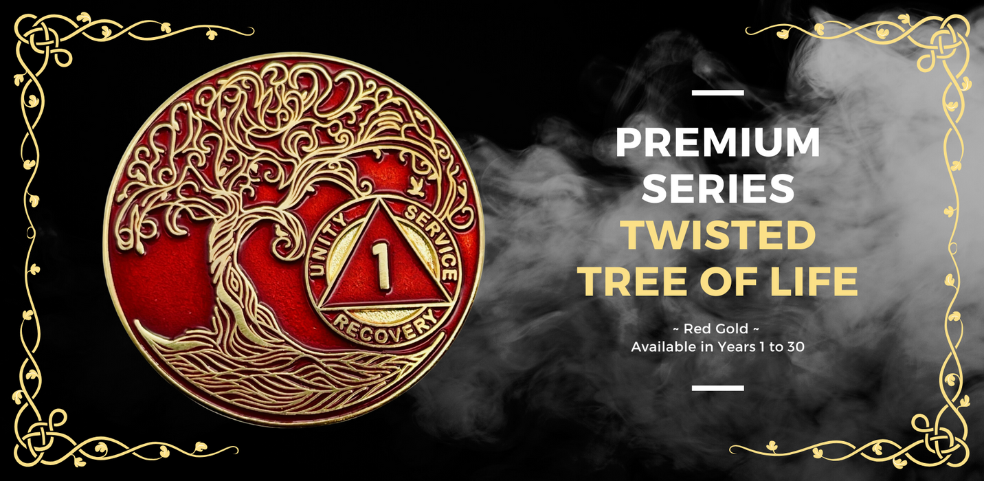 1 Year Sobriety Mint Twisted Tree of Life Gold Plated AA Recovery Medallion - One Year Chip/Coin - Red
