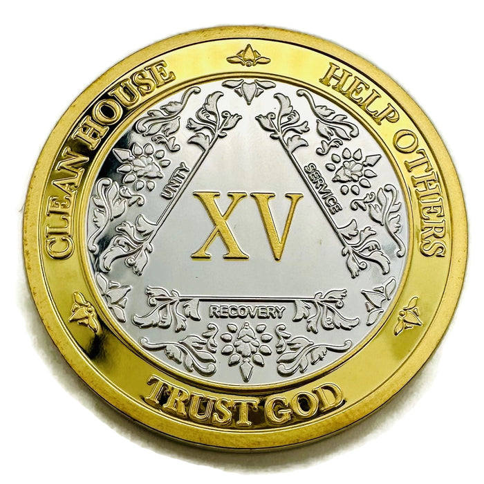 15 Year 40mm Gold & Silver AA Medallion - Bi-Plate Fancy Fifteen Year Chip/Coin