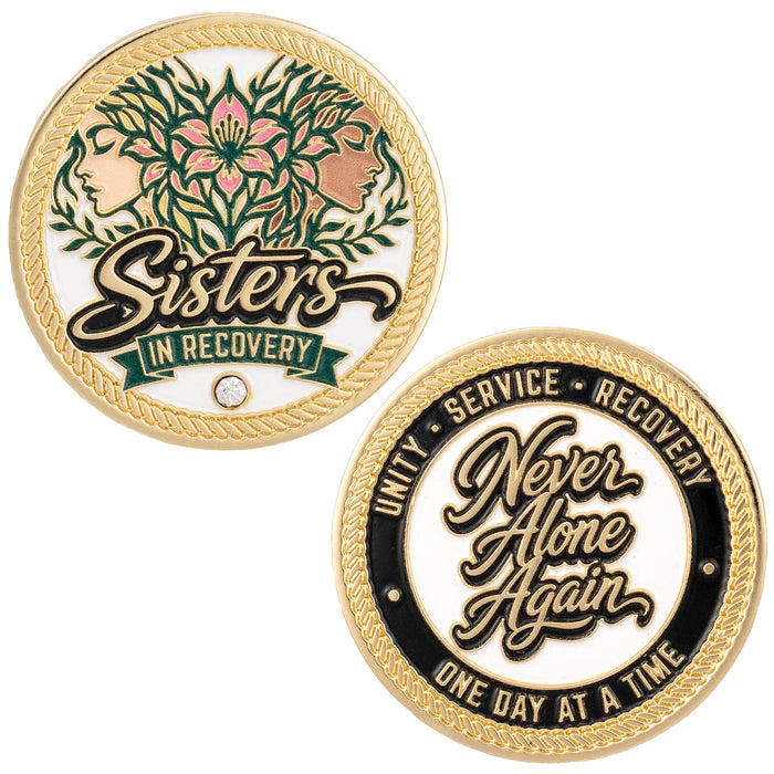 Sobriety Mint Sisters in Recovery AA/NA Recovery Medallion - White/Gold with Velvet Box
