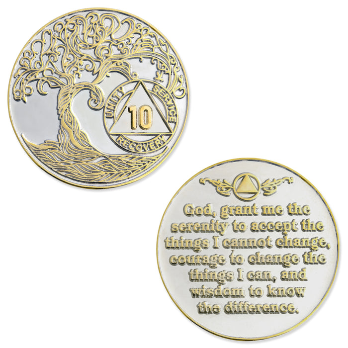 10 Year XL 40mm Nickel & Gold Bi-Plated Sobriety Mint Twisted Tree of Life AA Recovery Medallion - Ten Year Chip/Coin - Silver/Gold with Velvet Box